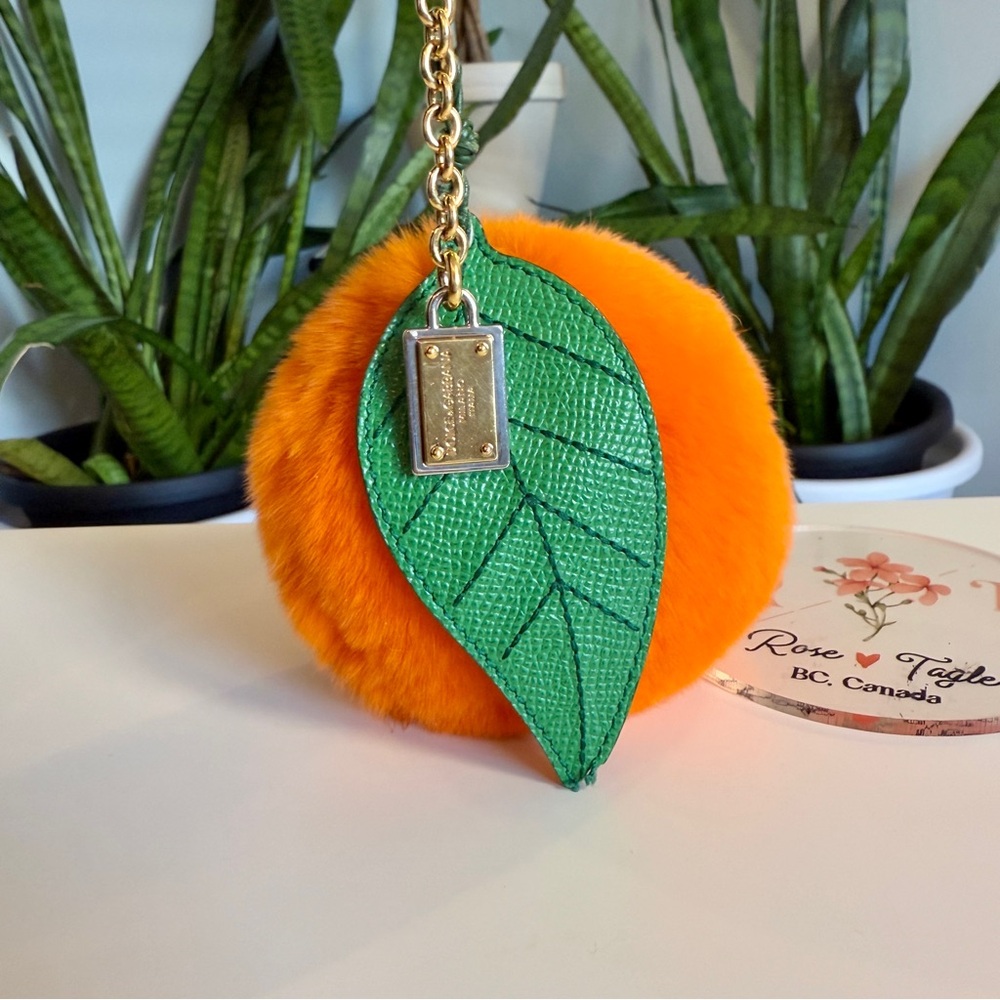 Orange Furry Pom Pom Keychain with Green Leaf - Picture 11 of 12